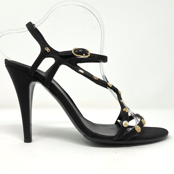 Chanel Black Embellished Strappy Heels 41 Gold Icon Studs Karl Lagerfeld Era - Picture 4 of 10